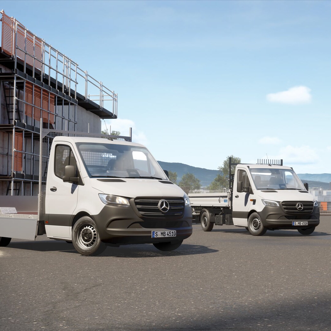 Mercedes-Benz Transporter mit Pritschen- und Kipperaufbauten für das Baugewerbe.