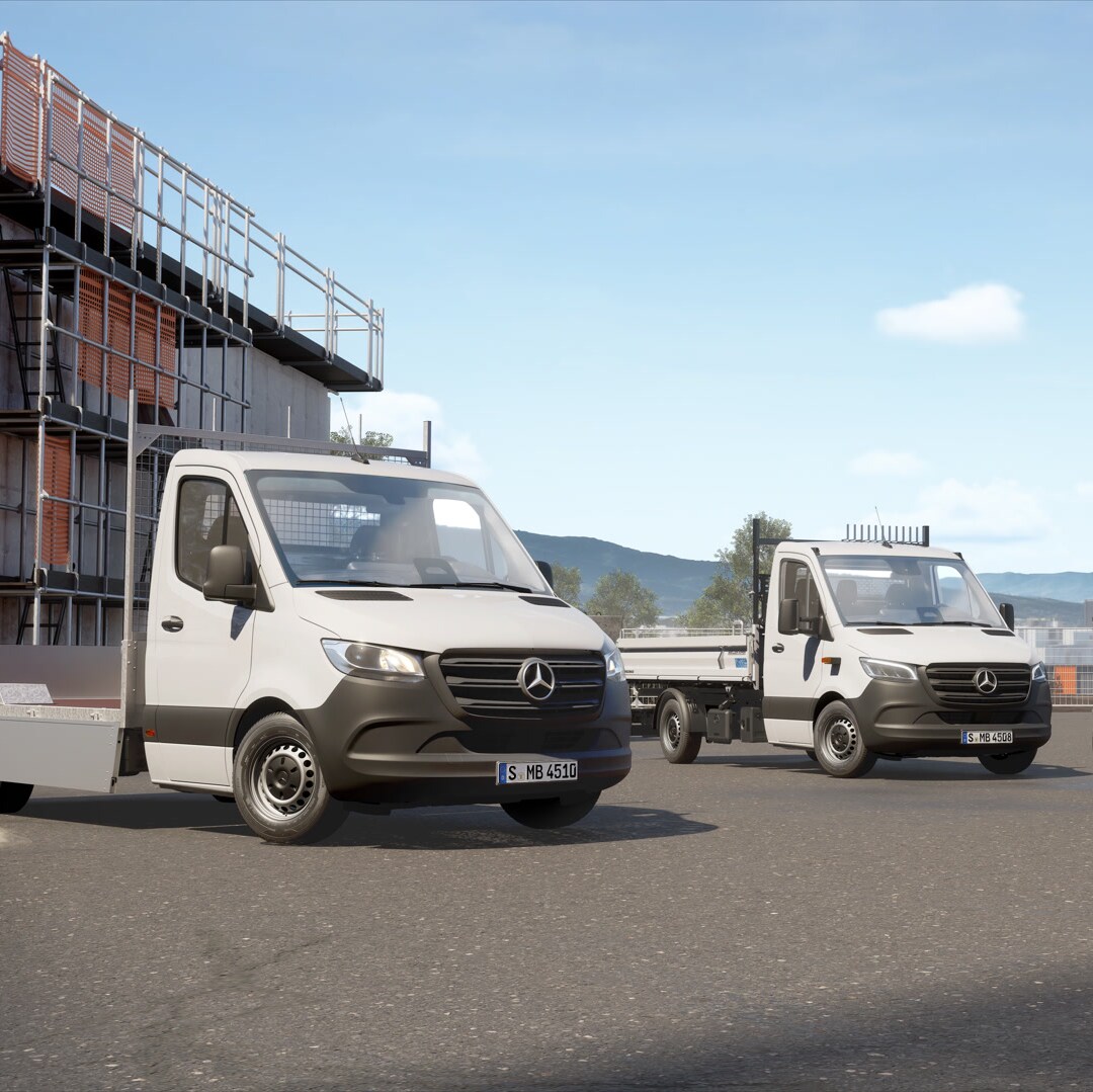 Utilitaires Mercedes-Benz à plateau et benne pour les professionnels du BTP.
