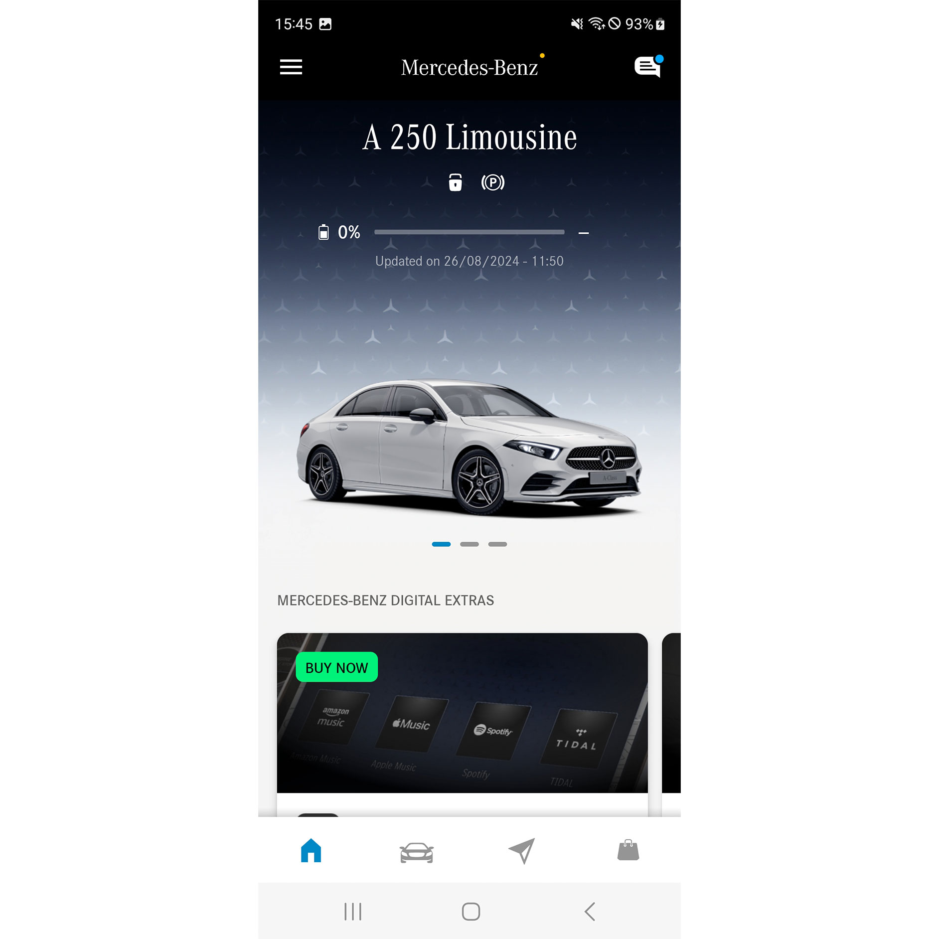 Application Mercedes-Benz | Applications | Mercedes-Benz Sur un smartphone, le menu de l’application Mercedes-Benz affiche les fonctions disponibles des services connectés dans les thèmes Navigation, Remote et GUARD 360°.