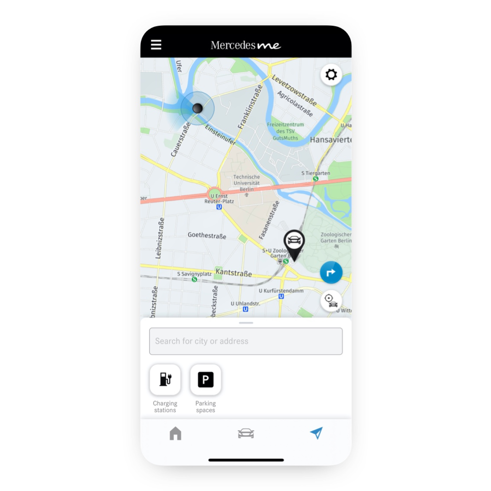 Localizzatore veicolo da remoto | Pacchetto Excellence | Mercedes-Benz Nell'App Mercedes-Benz di uno smartphone viene visualizzata la posizione del veicolo.