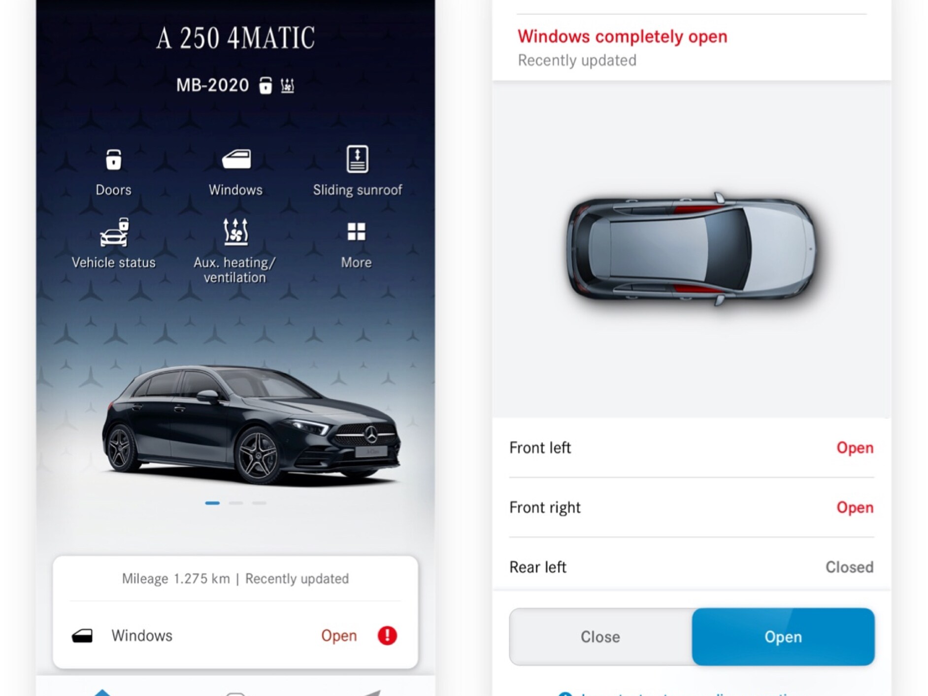 Sur un smartphone, on peut voir les différents écrans qui s’affichent lorsque le service connecté Commande à distance vitres détecte que le toit ouvrant n'est pas fermé.