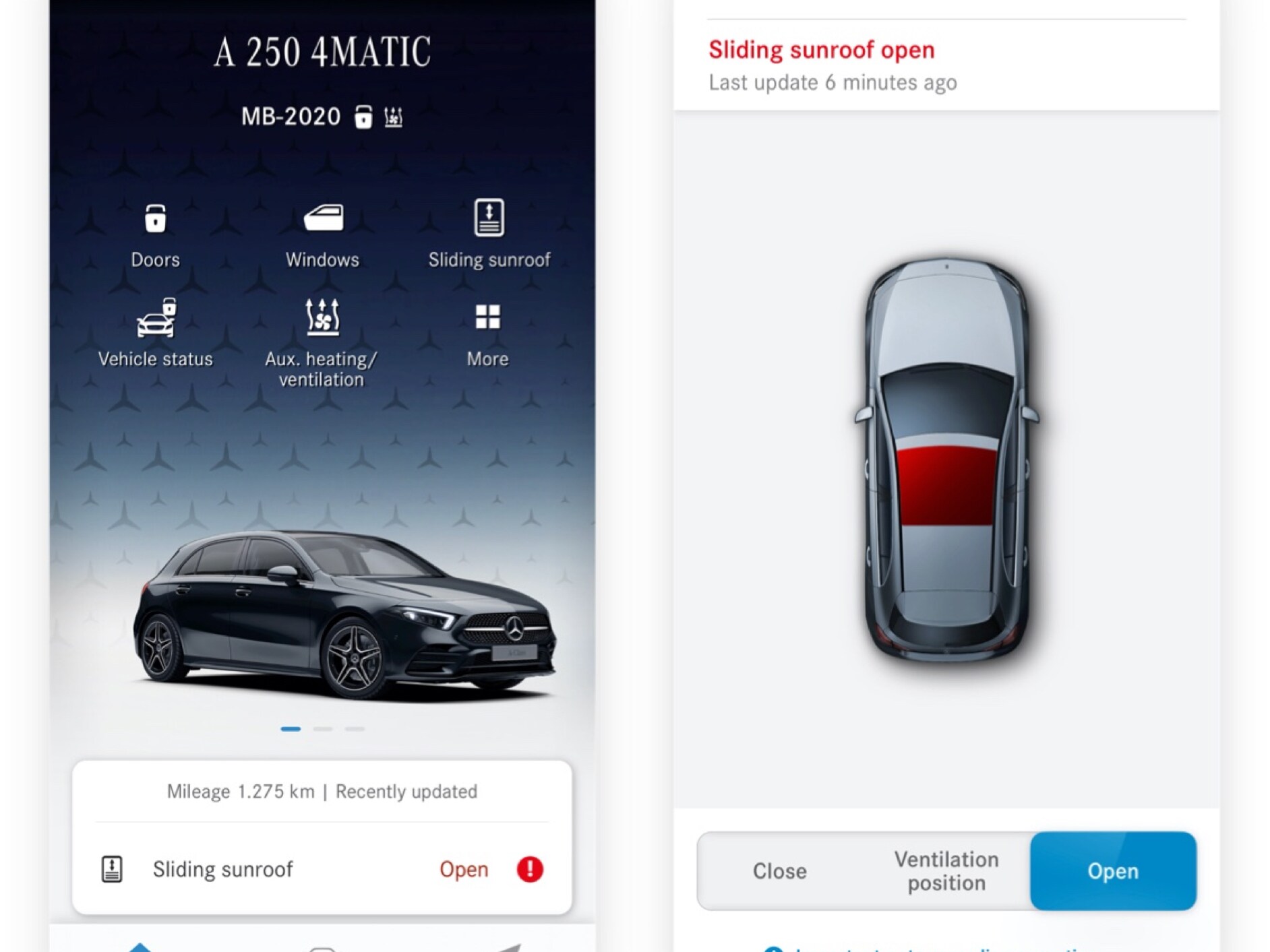 Sur un smartphone, on peut voir les différents écrans qui s’affichent lorsque le service connecté Commande à distance vitres/toit ouvrant détecte que le toit ouvrant n'est pas fermé.