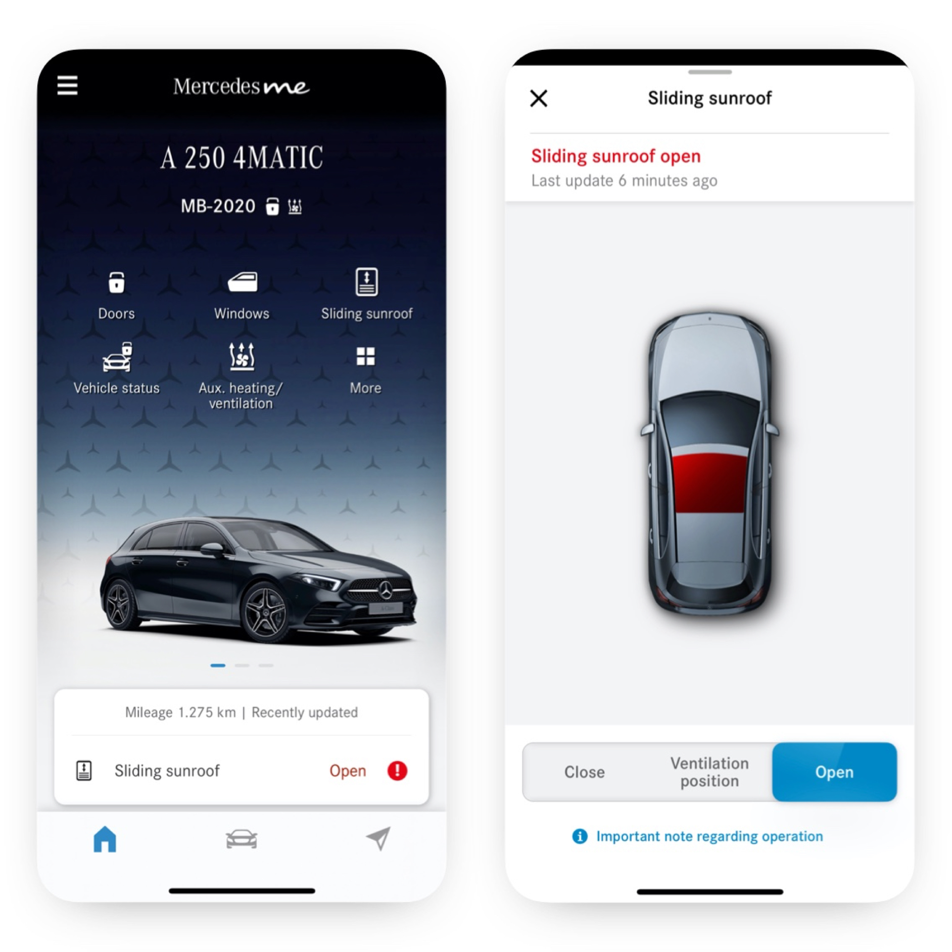 Fernsteuerung Fenster/Schiebedach | Excellence Paket | Mercedes-Benz Auf einem Smartphone sind die verschiedenen Bildschirme zu sehen, die angezeigt werden, wenn das Digitale Extra Fernsteuerung Fenster und Schiebedach feststellt, dass das Schiebedach nicht geschlossen ist.