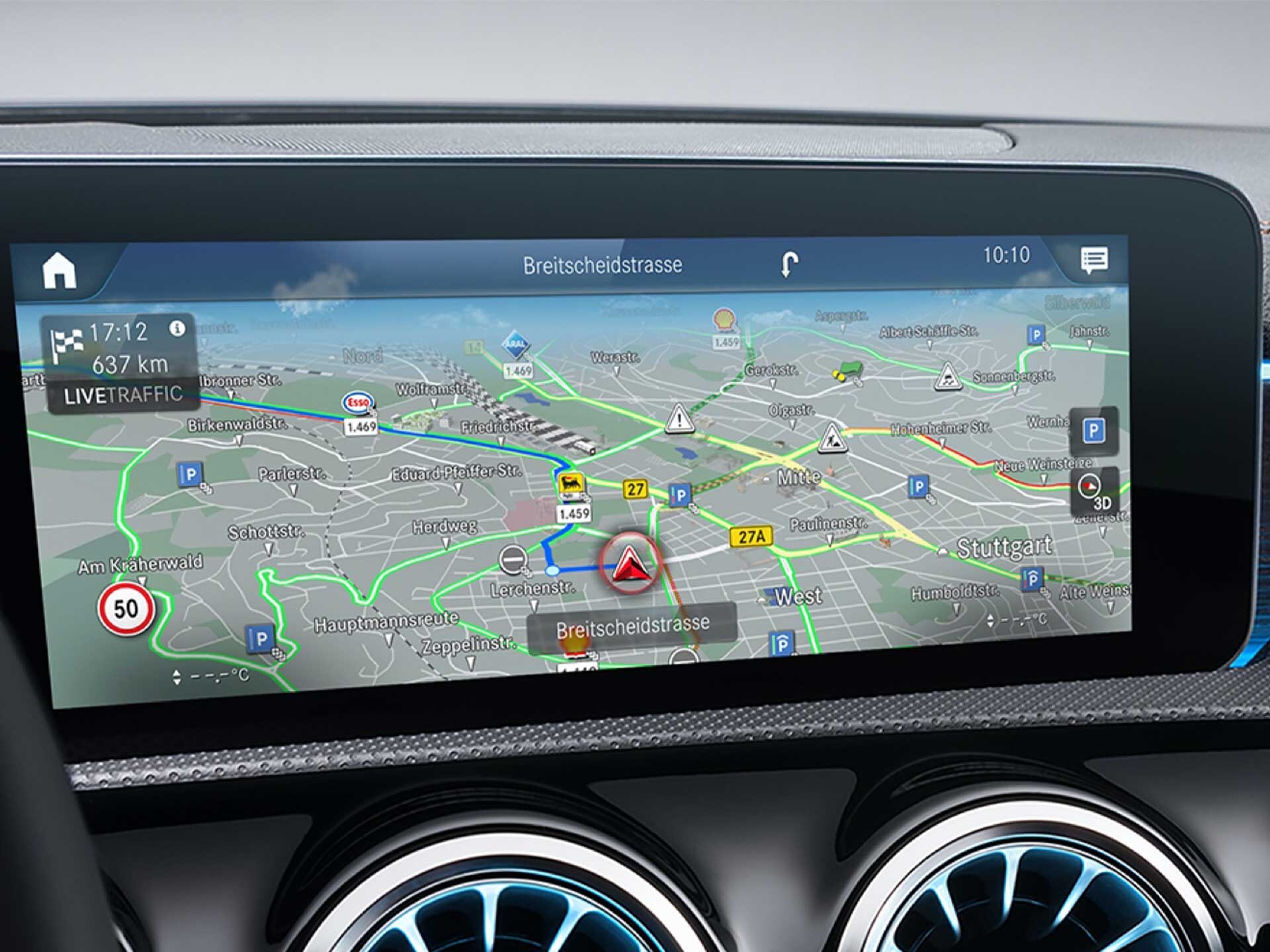 Carte de navigation avec infos trafic sur l’écran MBUX.