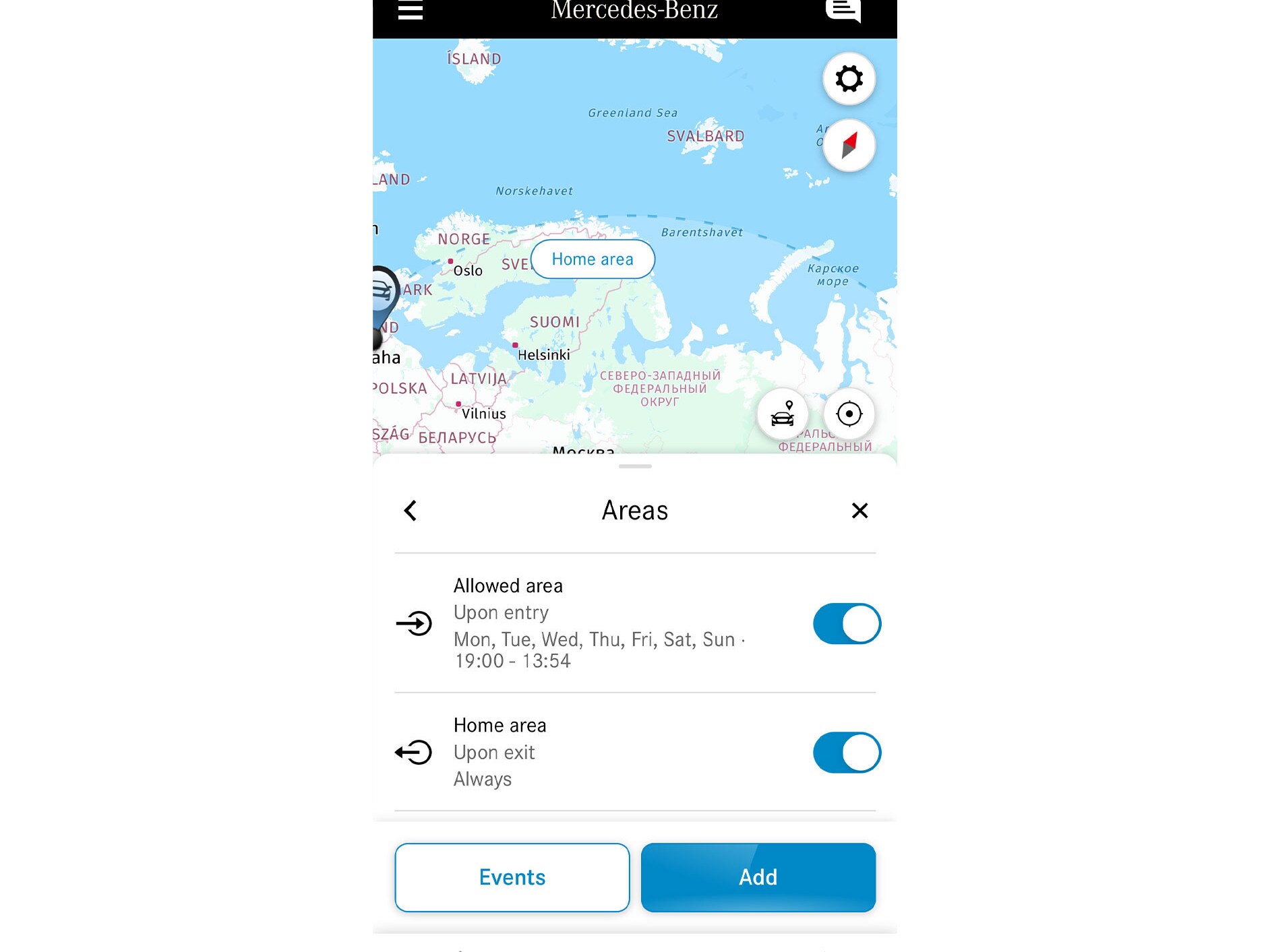 Su uno smartphone viene indicato se l'auto si sta spostando all'interno o all'esterno di una zona definita, grazie al Digital Extra Geofencing.