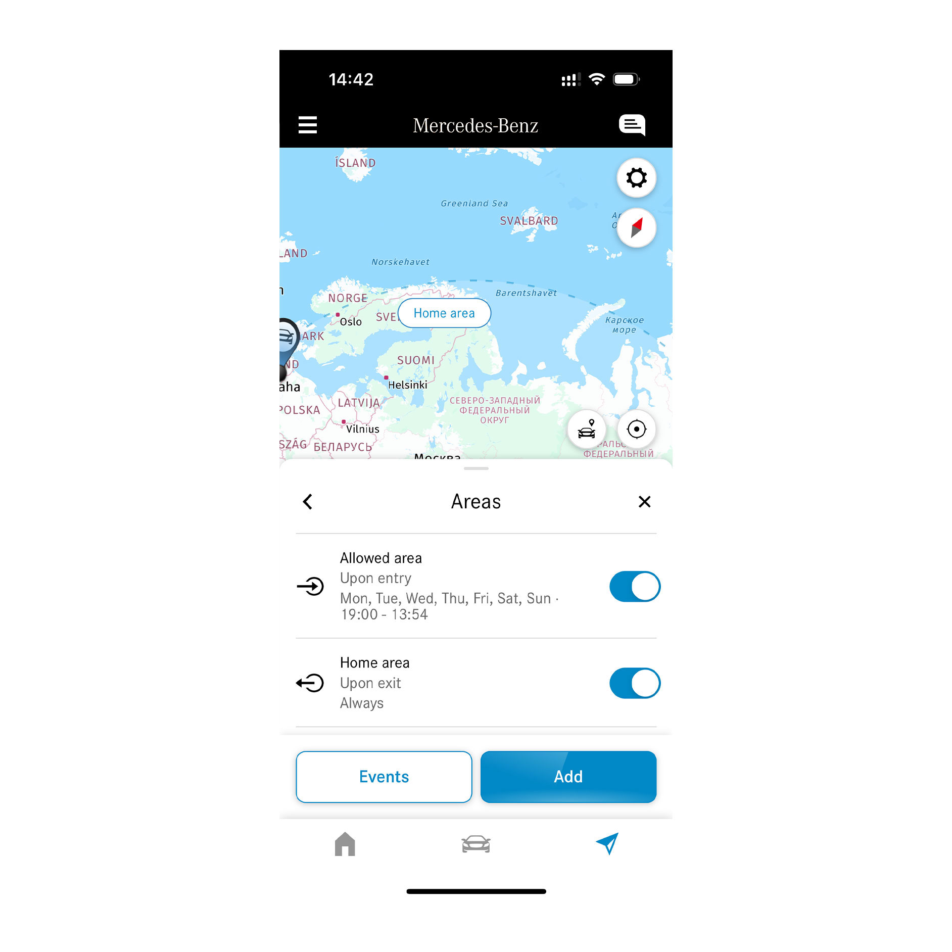 Geofencing | Servizi da remoto | Mercedes-Benz Su uno smartphone viene indicato se l'auto si sta spostando all'interno o all'esterno di una zona definita, grazie al Digital Extra Geofencing.