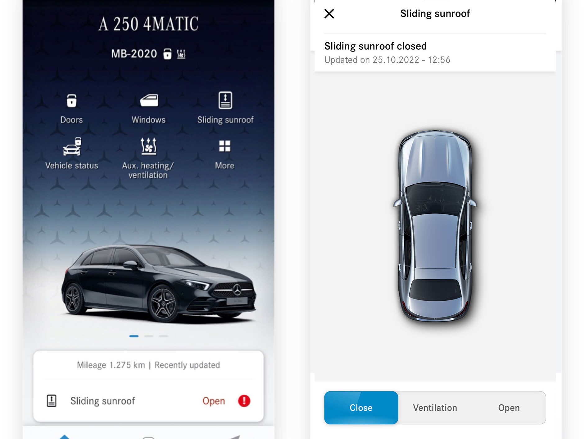 Su uno smartphone si possono vedere le diverse schermate che compaiono quando il Digital Extras Comando finestrini/tetto scorrevole da remoto rileva che il tetto non è chiuso.