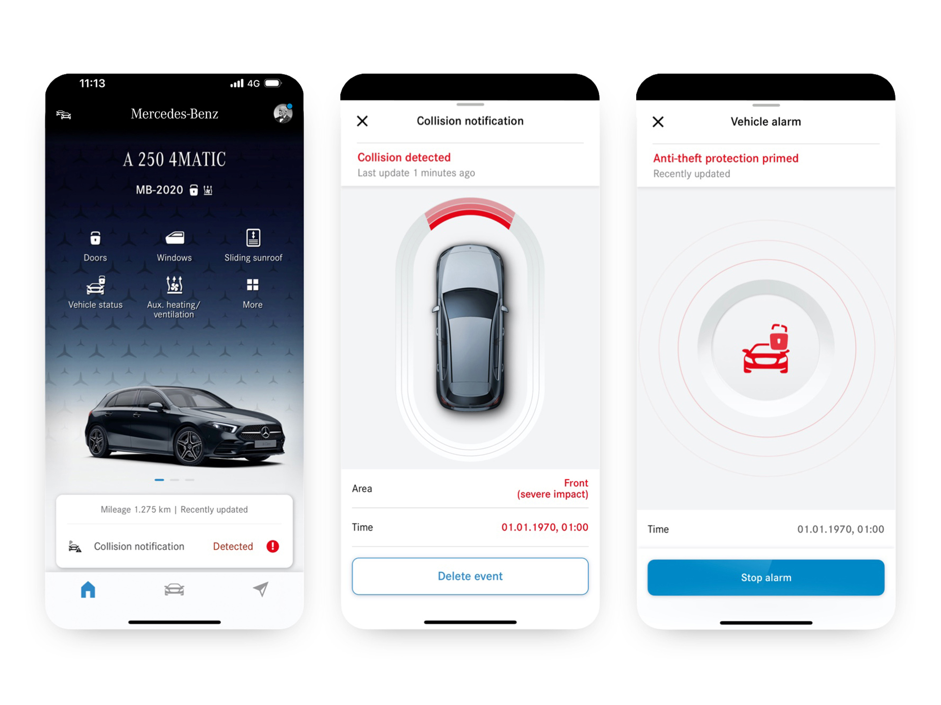 Alertes de véhicule dans l’application Mercedes-Benz Application Mercedes-Benz affichant des alertes véhicule.