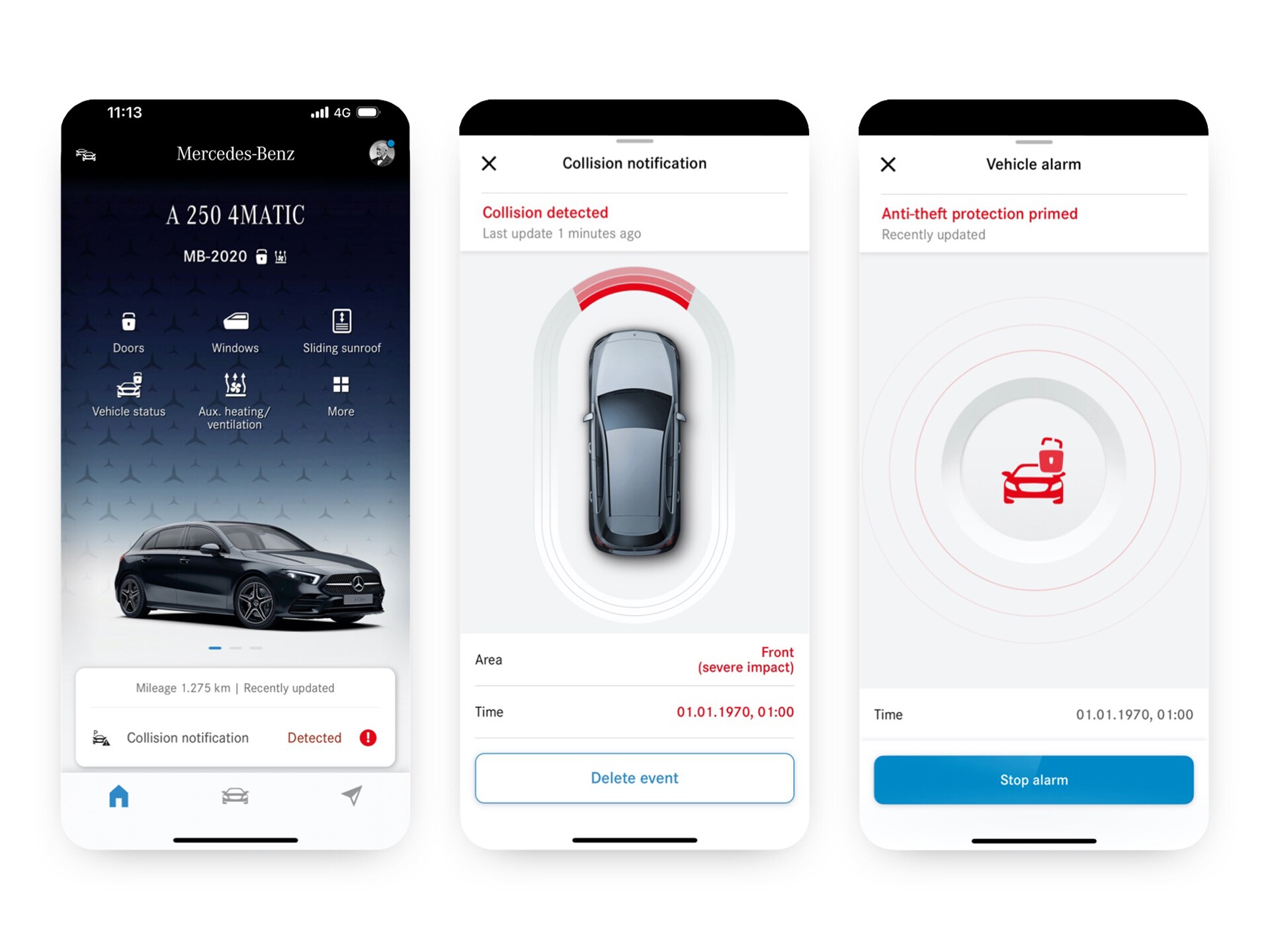 App Mercedes-Benz con avvisi di collisione e furto.