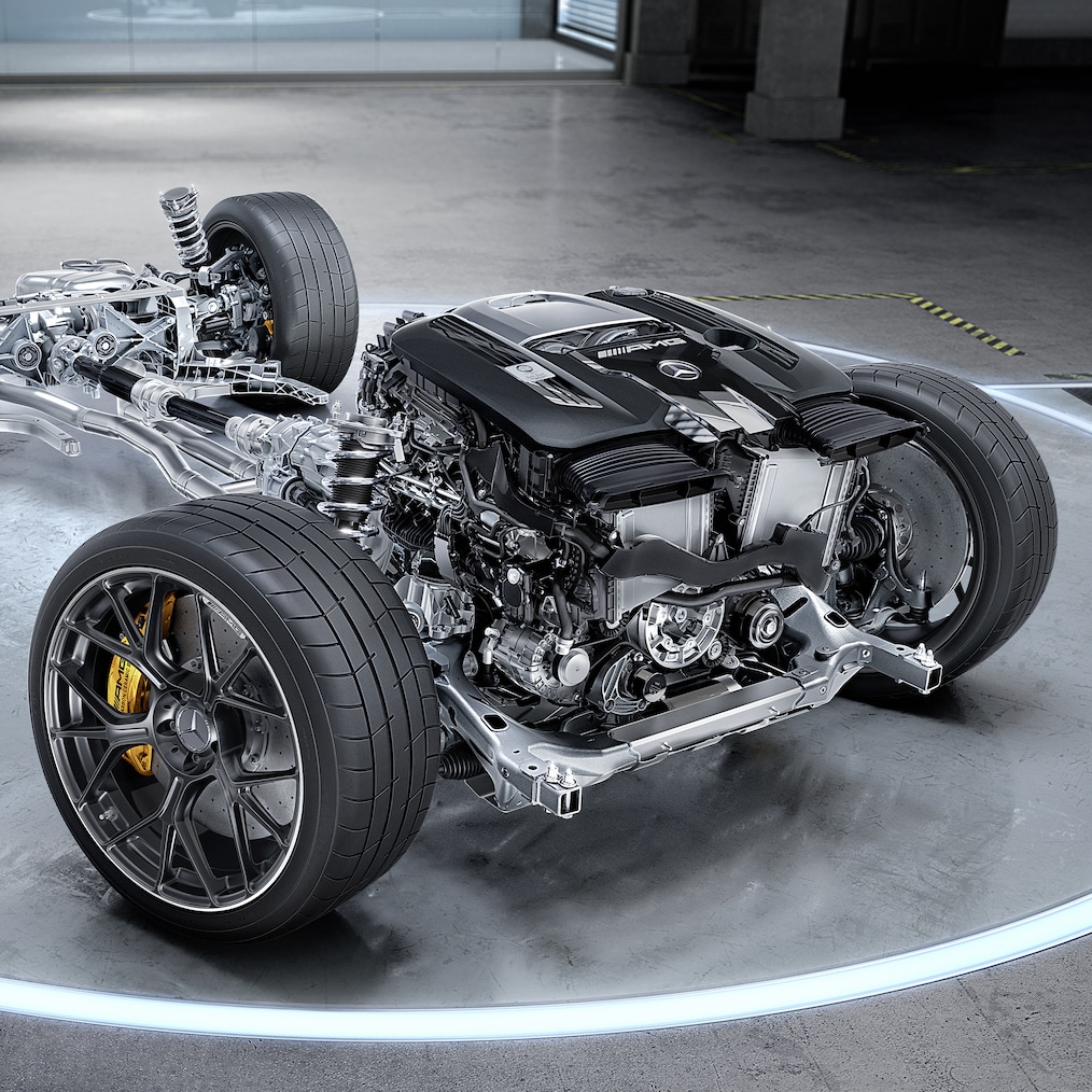 Der 4,0-Liter-V8-Biturbomotor des Mercedes-AMG GT 55 Coupés.