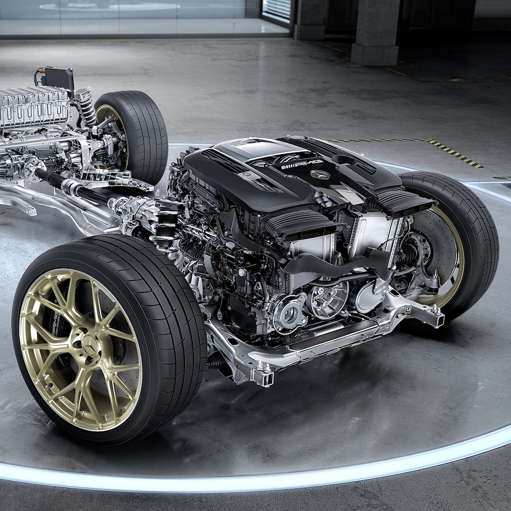 La chaîne cinématique hybride de la Mercedes-AMG GT&nbsp;63&nbsp;S E&nbsp;PERFORMANCE Coupé.