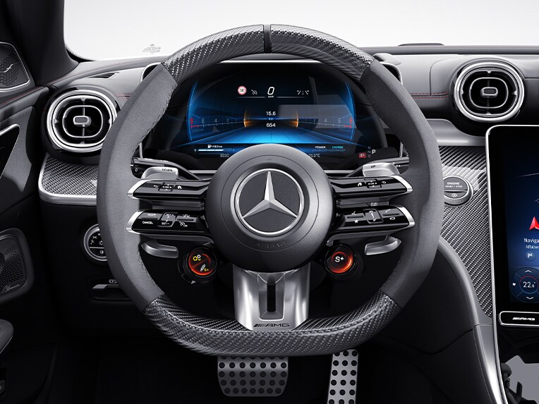 Das AMG Performance Lenkrad in Carbon-Design / Mikrofaser MICROCUT des Mercedes-AMG C-Klasse T-Modells.