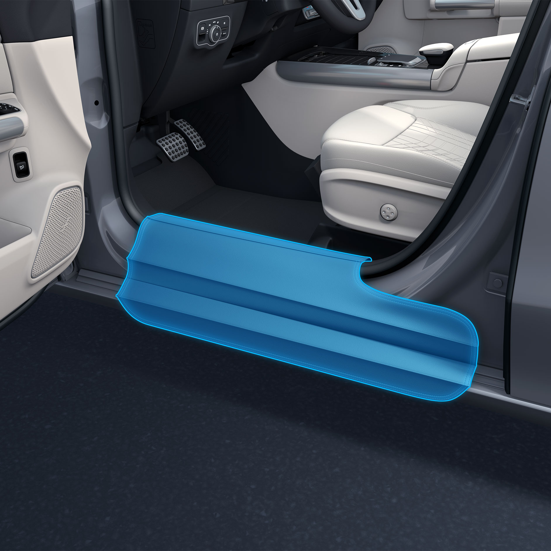 Protezione all'ingresso | Ausili alla guida | Mercedes-Benz Rappresentazione dettagliata dell'area d'ingresso con porta aperta in combinazione con un'auto accessibile ai disabili.