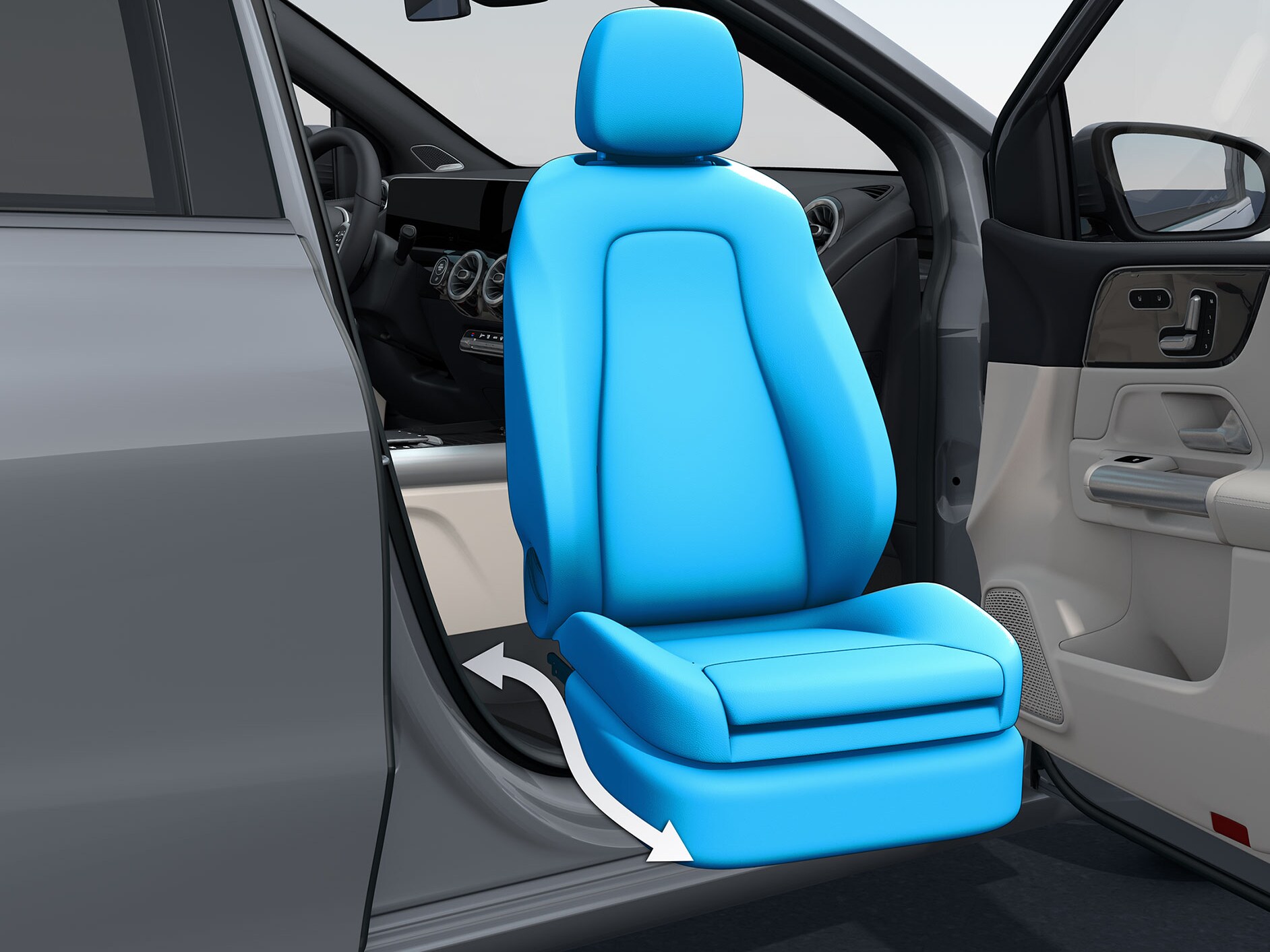 Una porta lato passeggero anteriore aperta di un'auto accessibile ai disabili con il sedile girevole e sollevabile Turny-Evo.