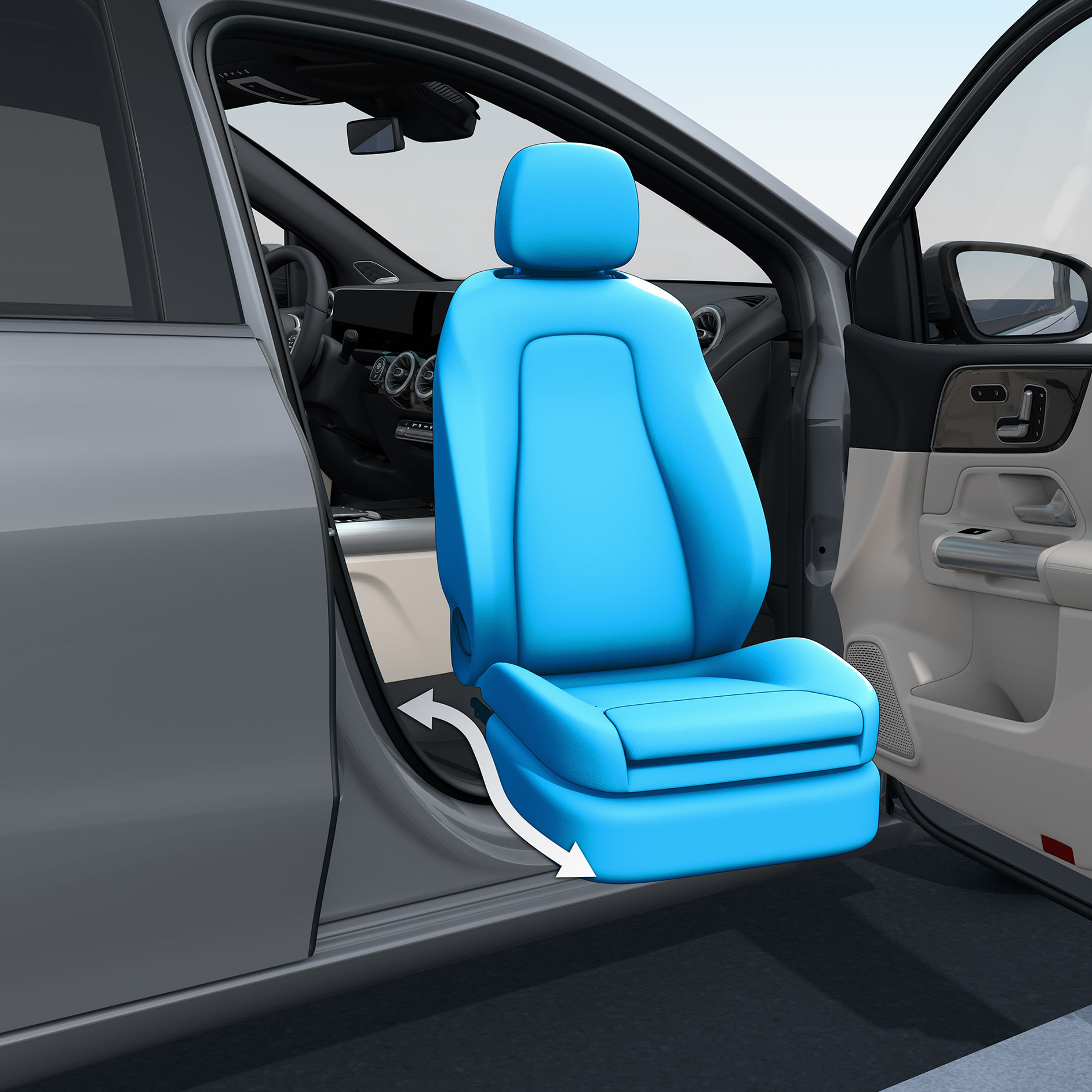 Sedile girevole e sollevabile Turny-Evo | Ausili alla guida | Mercedes-Benz Una porta lato passeggero anteriore aperta di un'auto accessibile ai disabili con il sedile girevole e sollevabile Turny-Evo.