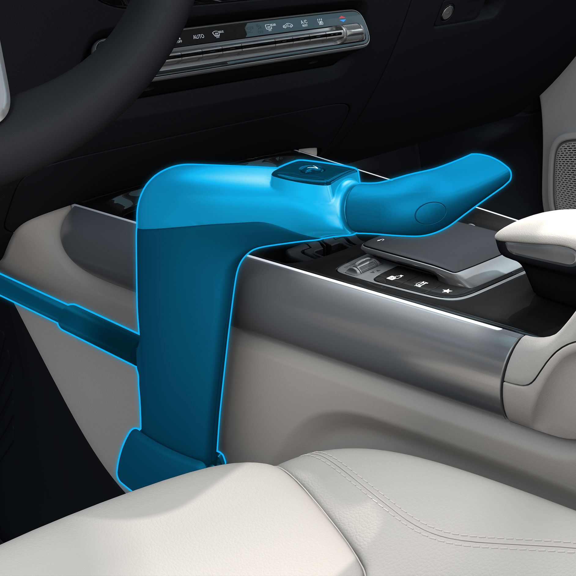 Unità di controllo manuale Classic | Ausili alla guida | Mercedes-Benz Vista dettagliata di un’unità di controllo manuale Classic installata su un veicolo con adattamenti per la guida accessibile.