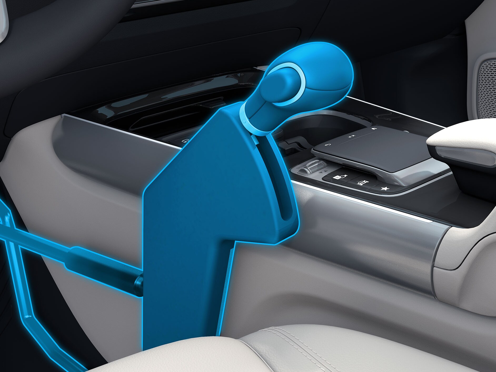 Vista dettagliata di un’unità di controllo manuale Easy Speed installata su un veicolo con adattamenti per la guida accessibile.