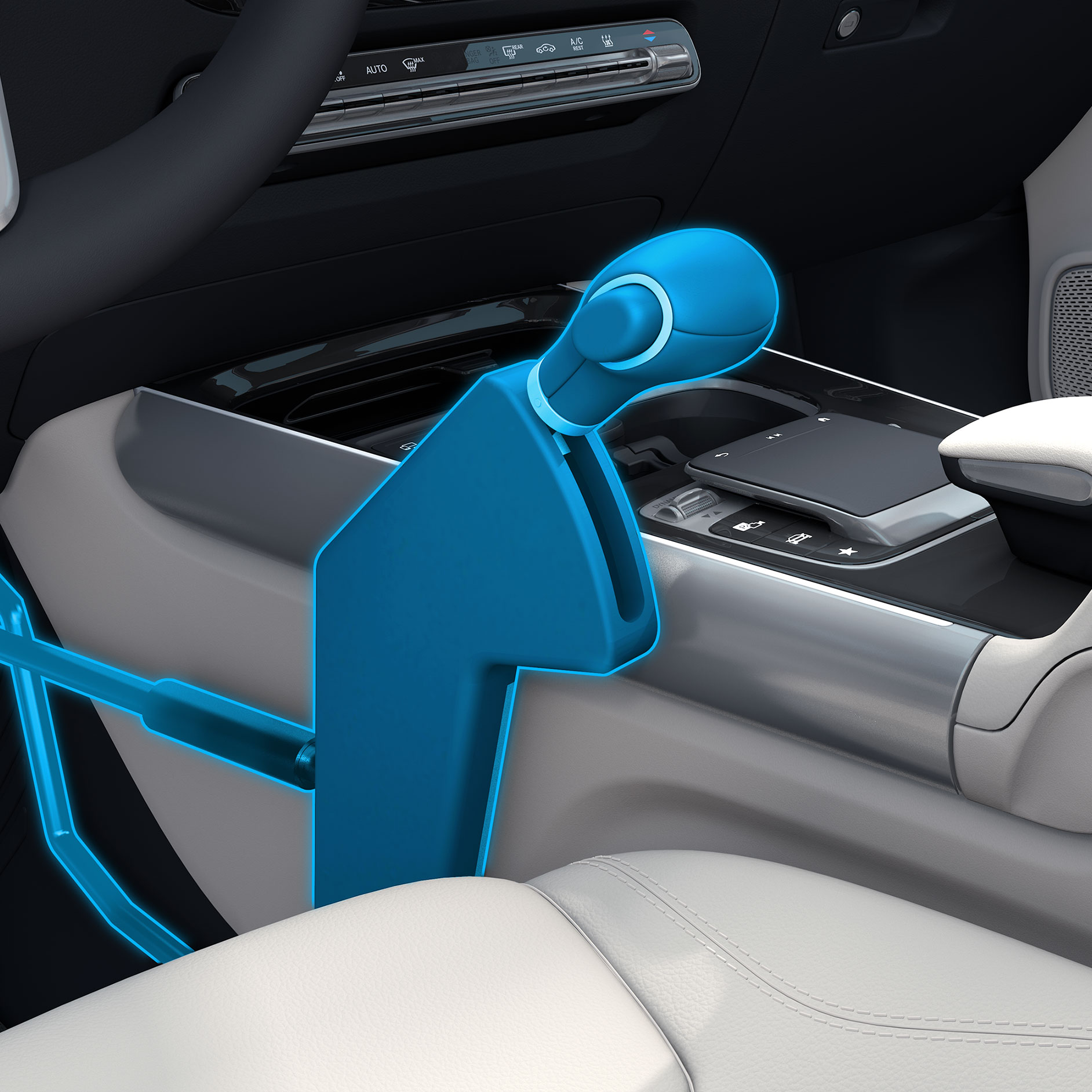 Unità di controllo manuale Easy Speed | Ausili alla guida | Mercedes-Benz Vista dettagliata di un’unità di controllo manuale Easy Speed installata su un veicolo con adattamenti per la guida accessibile.