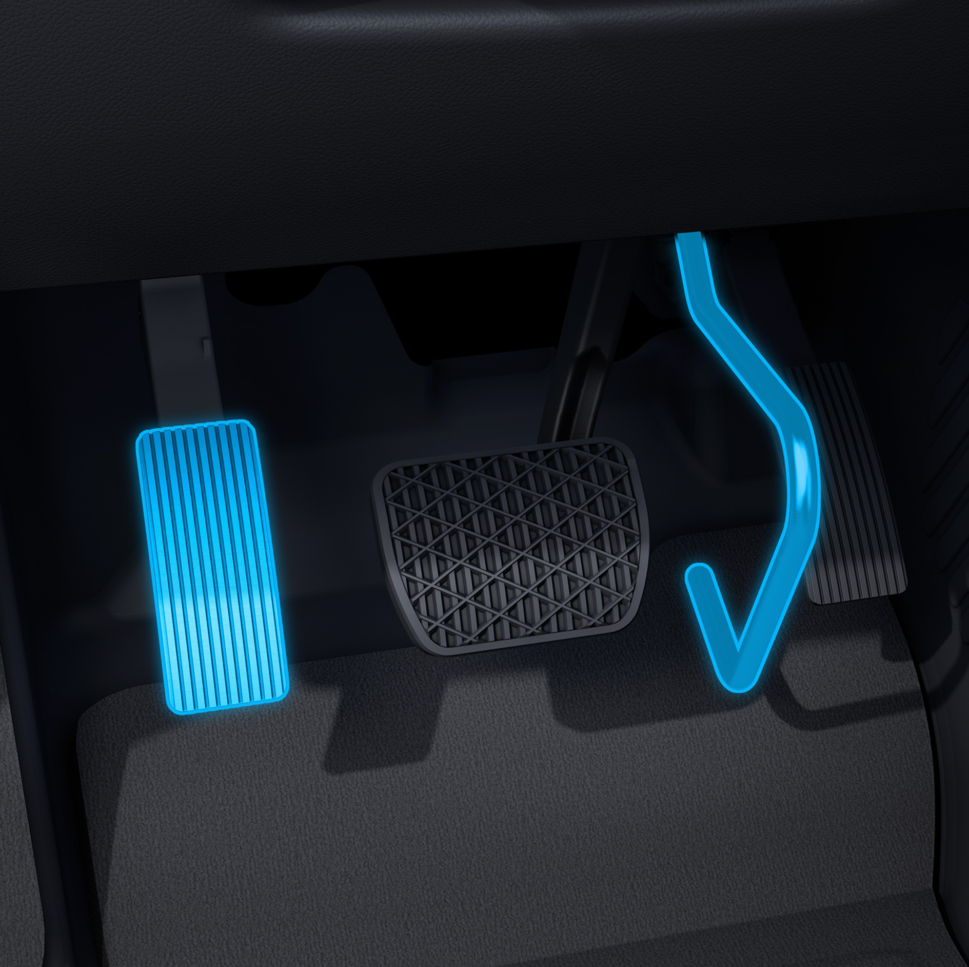 Déplacement de la pédale d'accélérateur (électronique) | Aides à la conduite | Mercedes-Benz Une représentation détaillée du déplacement de la pédale d'accélérateur (électronique) en liaison avec un véhicule pour personnes à mobilité réduite.