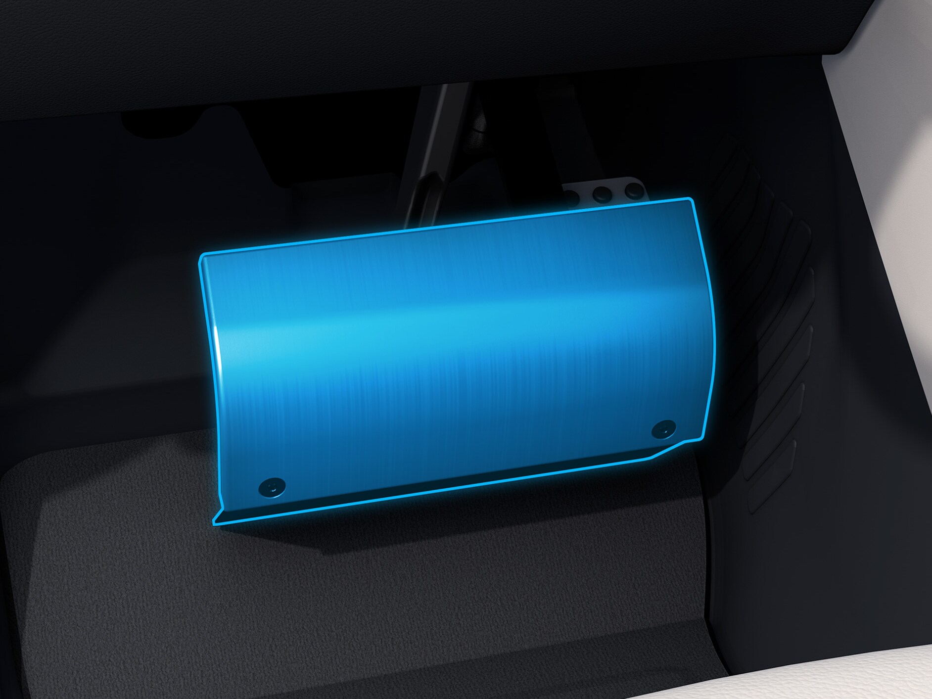 Eine Detailaufnahme der Pedalabdeckung in Verbindung mit einem behindertengerechten Auto.