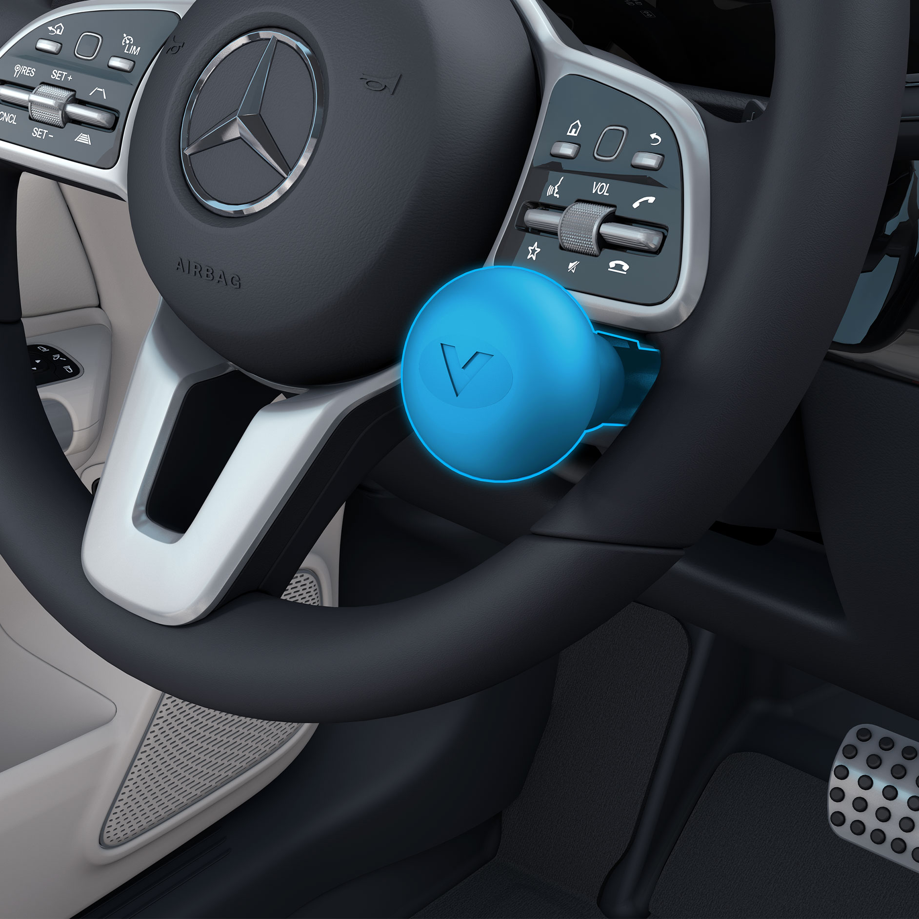 Pommeau de volant | Aides à la conduite | Mercedes-Benz Une représentation détaillée du pommeau de volant à droite en liaison avec un véhicule pour personnes à mobilité réduite.