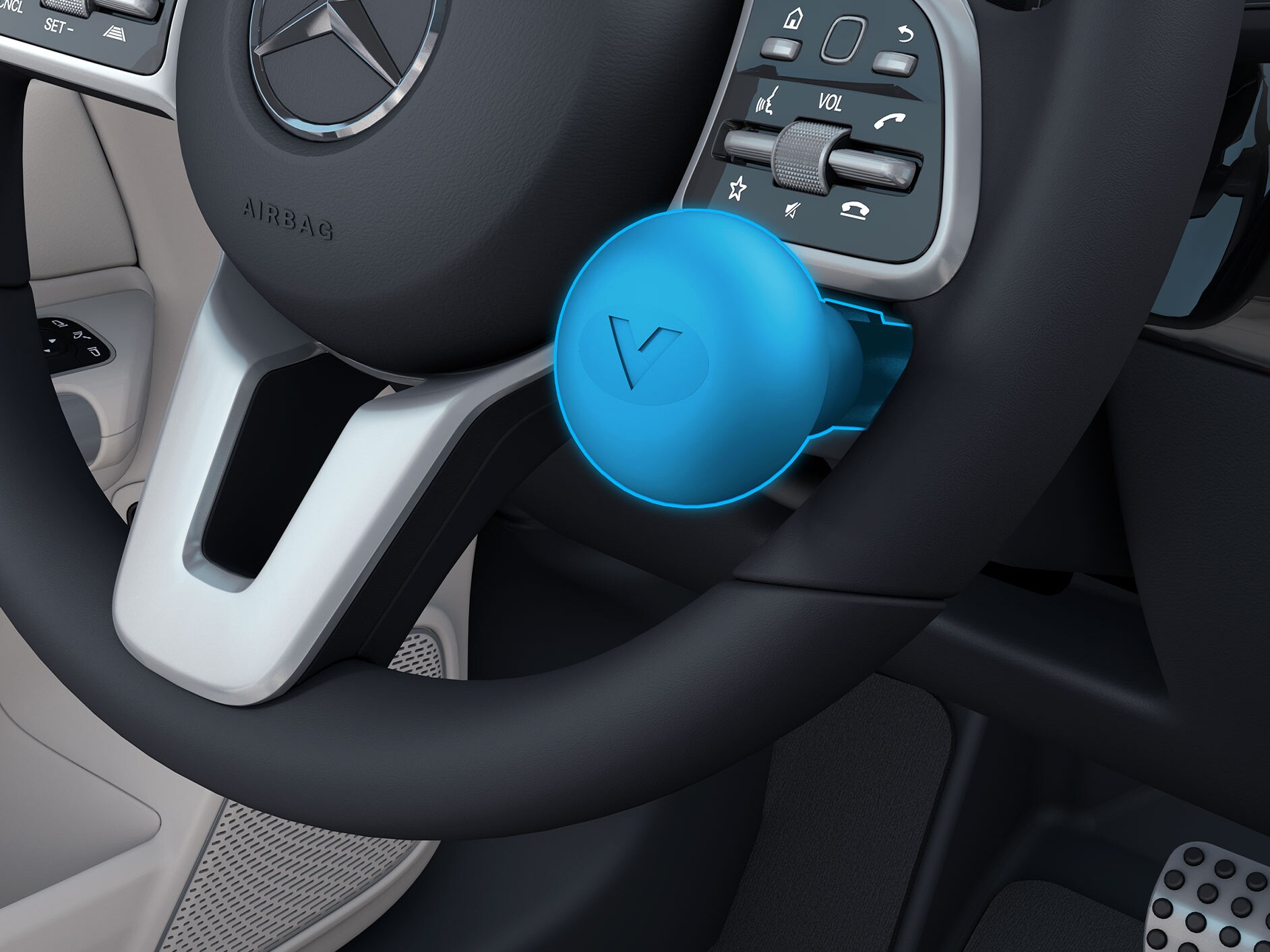 Un’immagine dettagliata del pomello al volante (a destra) su un veicolo con adattamenti per la guida accessibile.