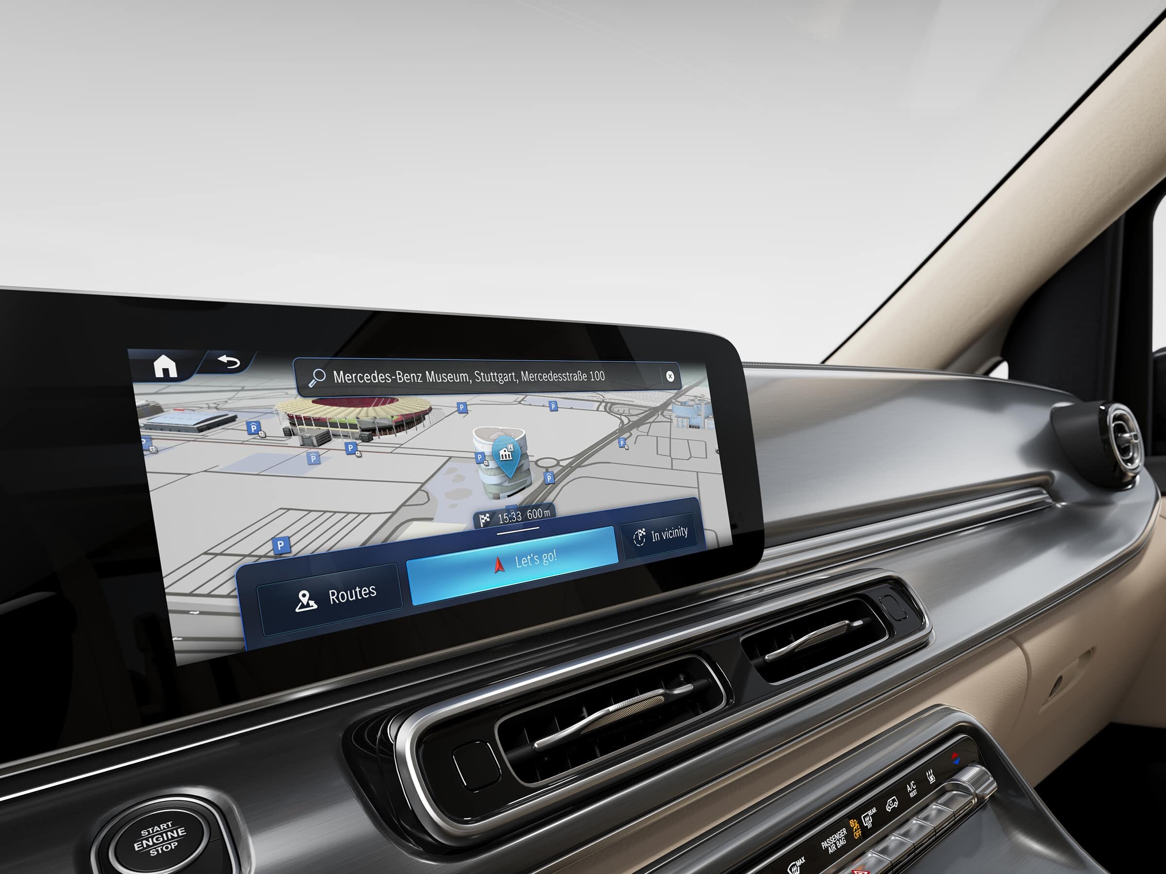 La plancia del Mercedes-Benz Marco Polo HORIZON con sistema di infotainment MBUX e integrazione per smartphone.