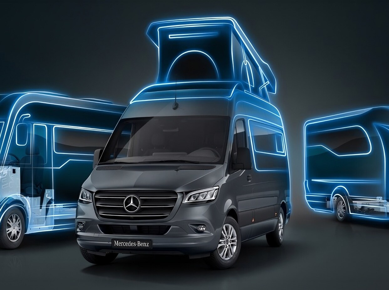 Ein Mercedes-Benz Sprinter Wohnmobil, geparkt an einem malerischen Flussufer.