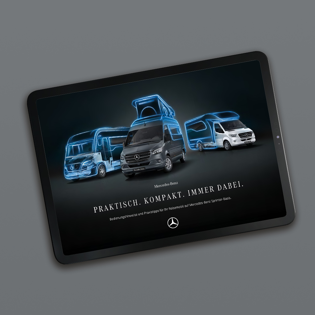 Les camping-cars Sprinter sur tablette | Camping-cars Sprinter | Mercedes-Benz Une tablette sur laquelle figure une brochure numérique consacrée aux camping-cars Mercedes-Benz Sprinter.