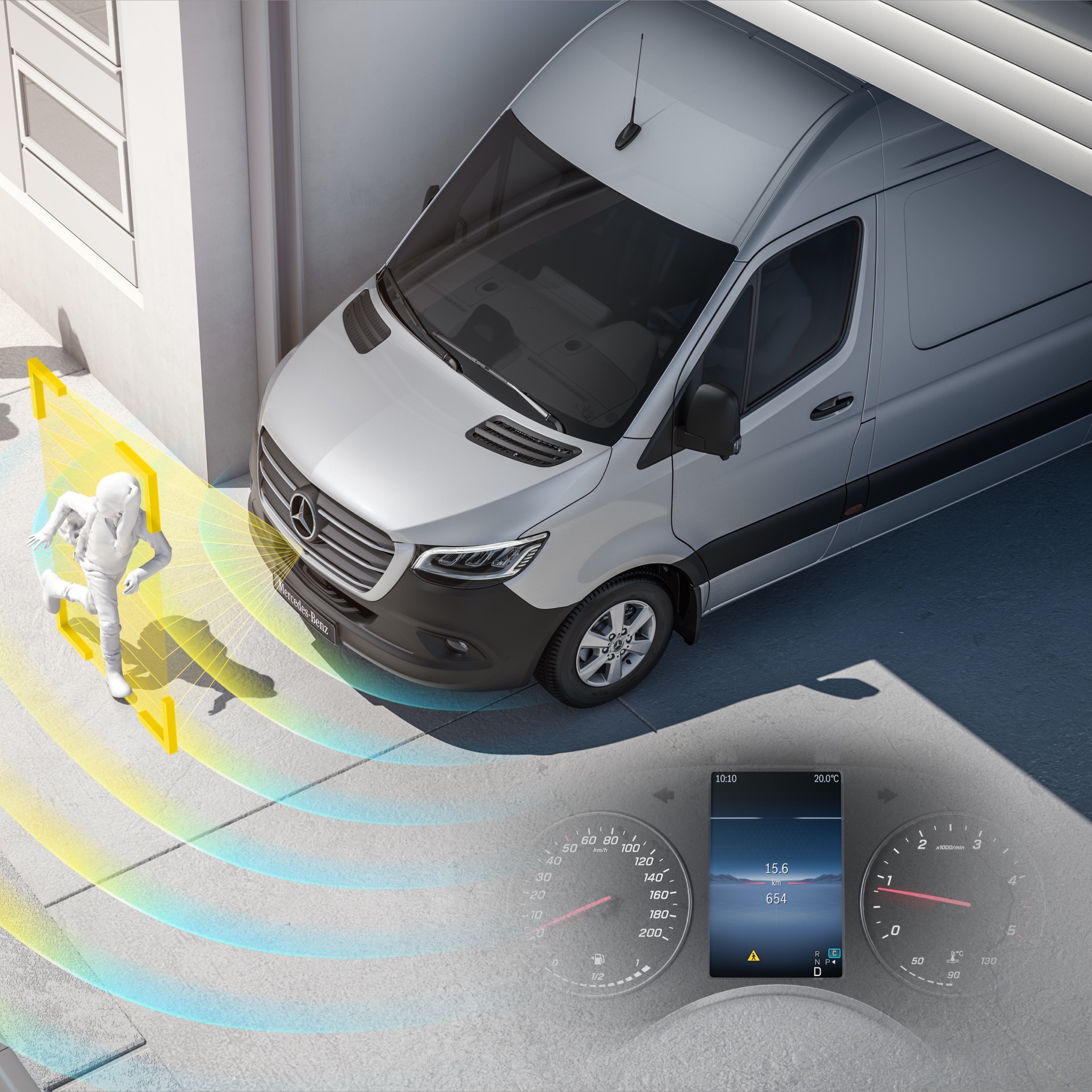 Services connectés | Camping-cars Sprinter | Mercedes-Benz Mercedes-Benz Sprinter équipé de systèmes d'assistance active capables de détecter les piétons à proximité, pour une sécurité accrue du conducteur.