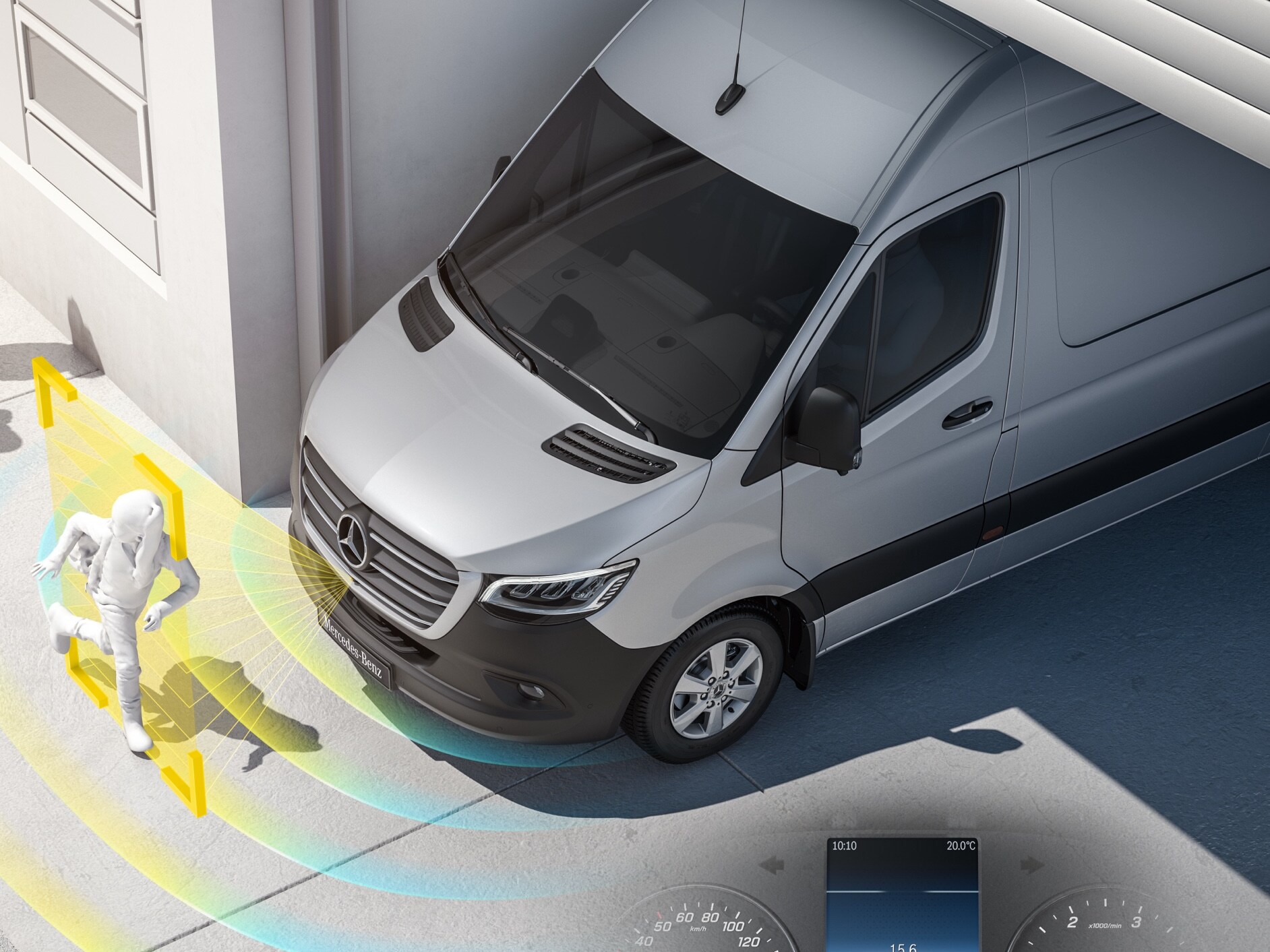 Mercedes‑Benz Sprinter mit aktiven Assistenzsystemen, die Fußgänger in der Nähe erkennen und so die Sicherheit des Fahrers erhöhen.