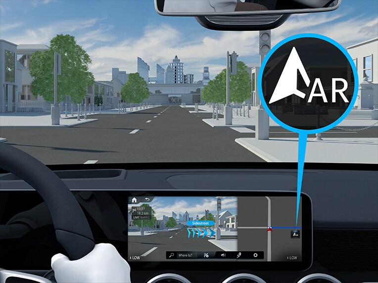 Le mode de fonctionnement de la réalité augmentée pour la navigation MBUX sur la Mercedes-Benz CLA Coupé.