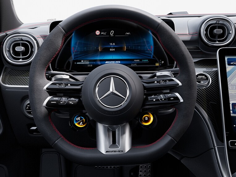 Das AMG Performance Lenkrad in Leder Nappa / Mikrofaser MICROCUT des neuen Mercedes-AMG CLE Coupés.