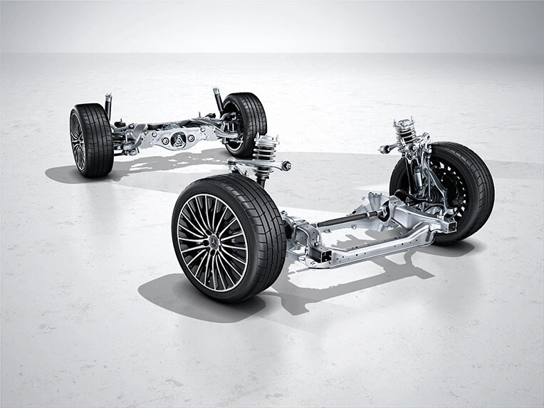 Eine Darstellung des DYNAMIC BODY CONTROL-Fahrwerks mit Verstelldämpfung im neuen CLE Coupé von Mercedes-Benz.