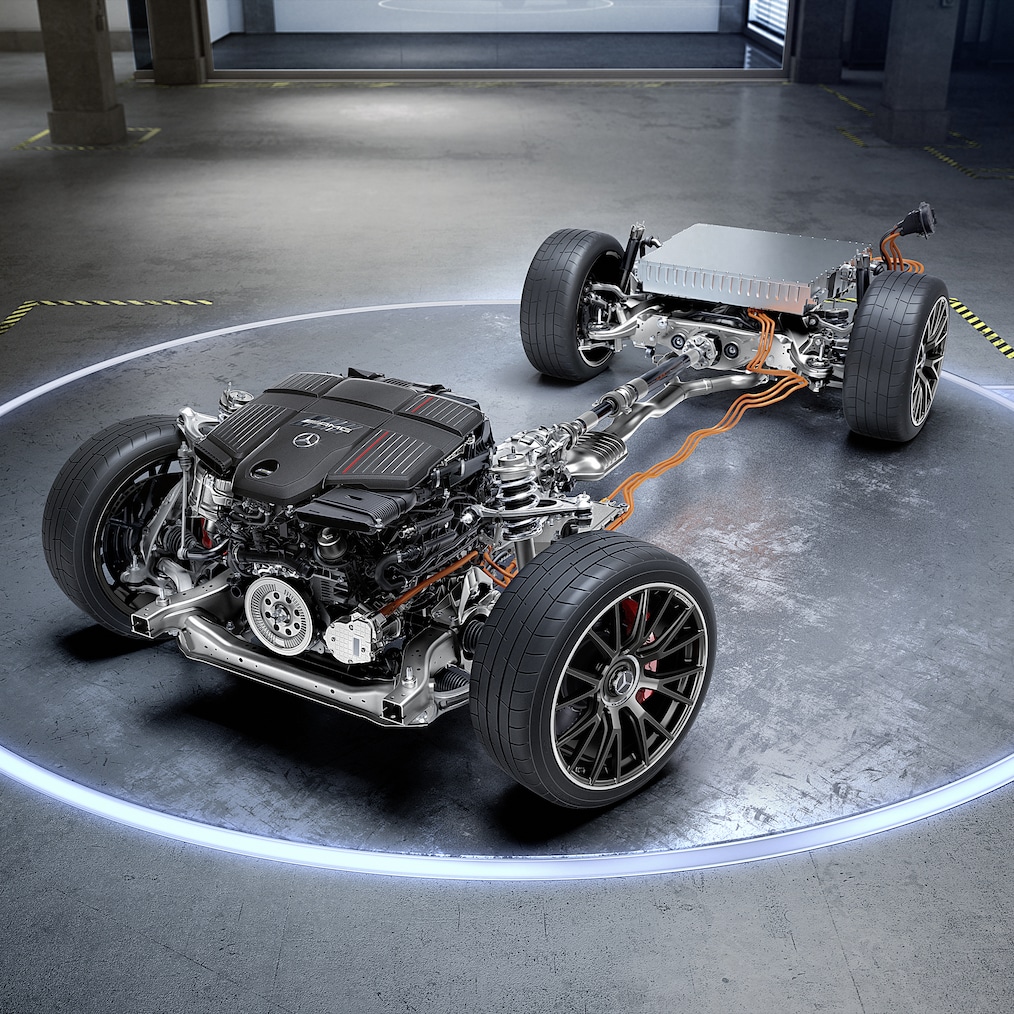 Le châssis avec chaîne cinématique AMG de la Mercedes-AMG E 53 HYBRID 4MATIC+.
