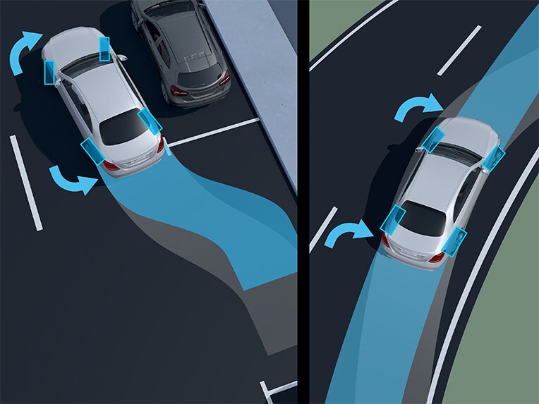Une représentation de la direction de l'essieu arrière dans la berline EQE de Mercedes-Benz.