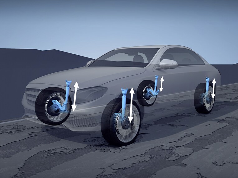 Une illustration de la suspension AIRMATIC et du mode OFFROAD de série sur l'EQS SUV.