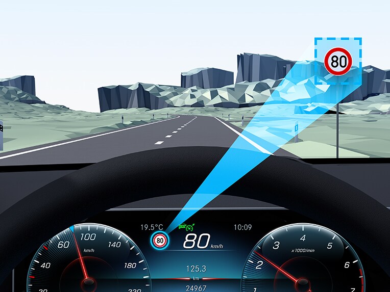 L'assistant de signalisation routière de la berline EQS de Mercedes-Benz.