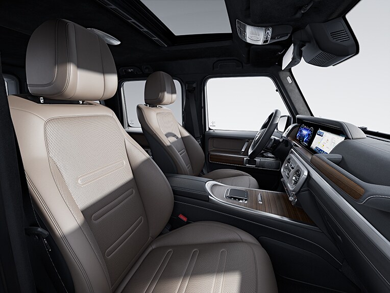 Die vollelektrische G-Klasse von Mercedes-Benz mit der EXCLUSIVE Line Ausstattung im Fahrzeuginnenraum.