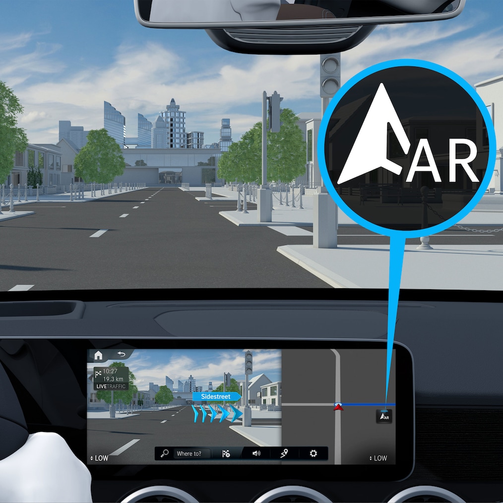Le mode de fonctionnement du service connecté : réalité augmentée pour la navigation MBUX dans la Mercedes-Benz GLA.