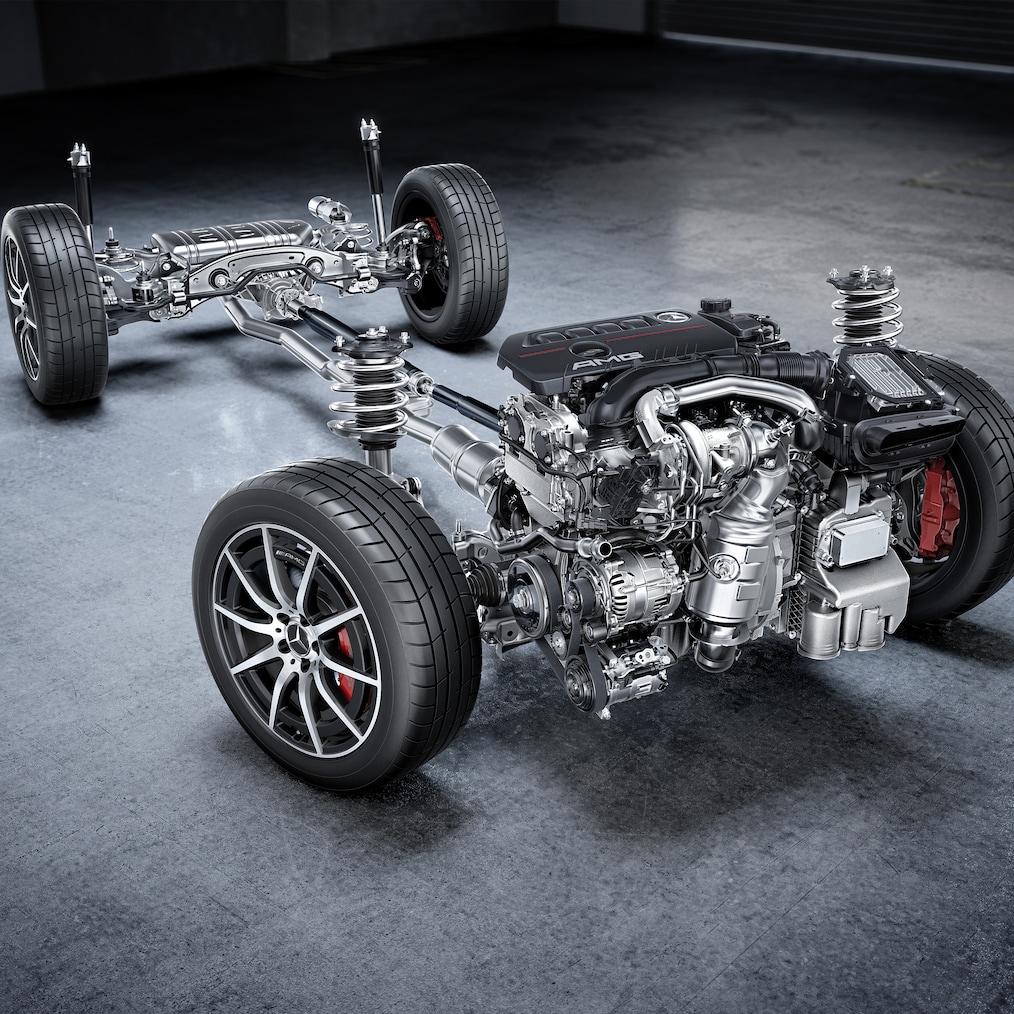 Le châssis avec chaîne cinématique de la Mercedes-AMG GLB 35 4MATIC.