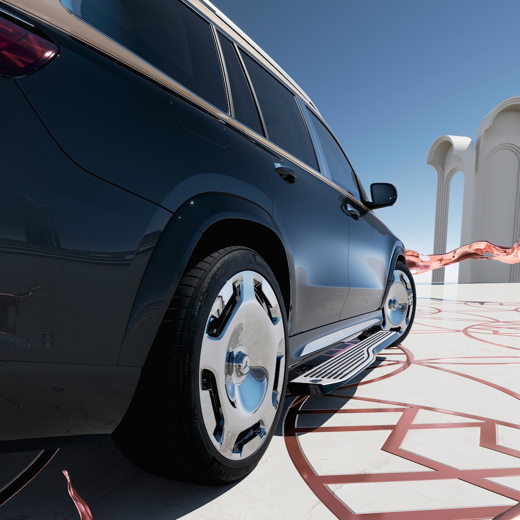 Vista laterale della Mercedes-Maybach GLS 600 con dettaglio delle soglie.