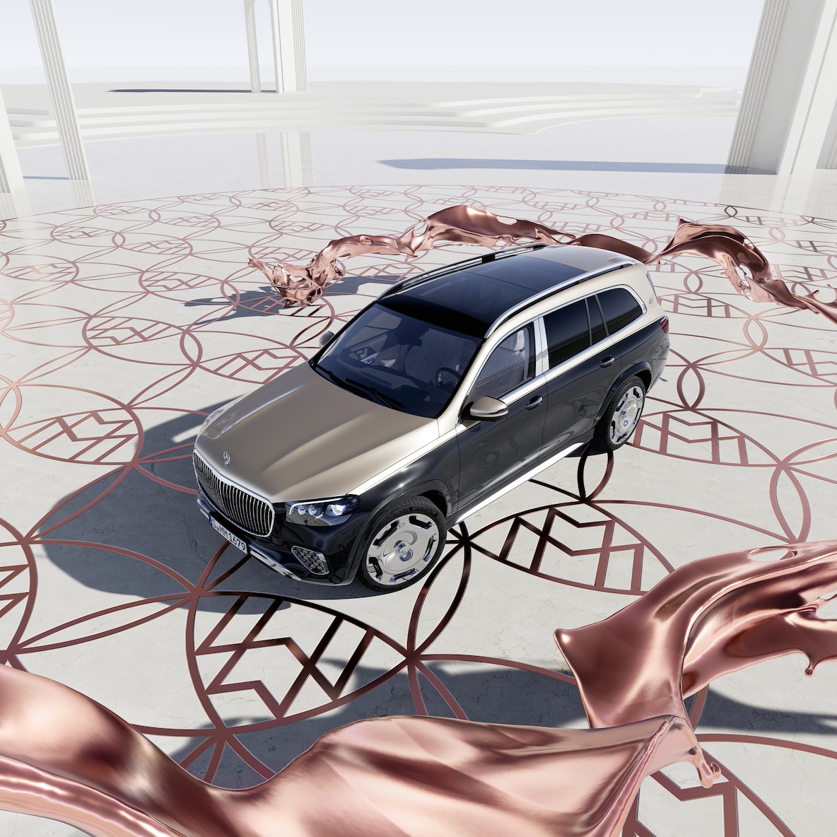 Vista di tre quarti anteriore di Mercedes-Maybach GLS 600 vista dall'alto.