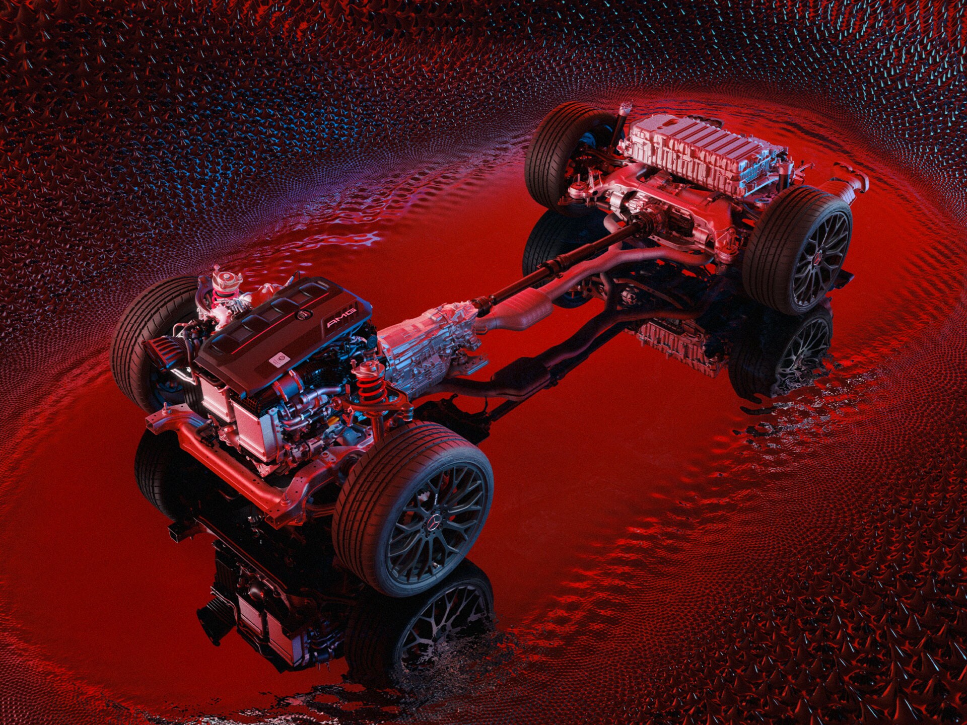 Eine technische Illustration der Hybridarchitektur von Mercedes-AMG.