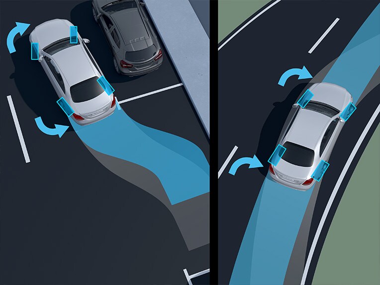 Illustration du fonctionnement de la direction de l’essieu arrière de la Mercedes-Maybach Classe S.