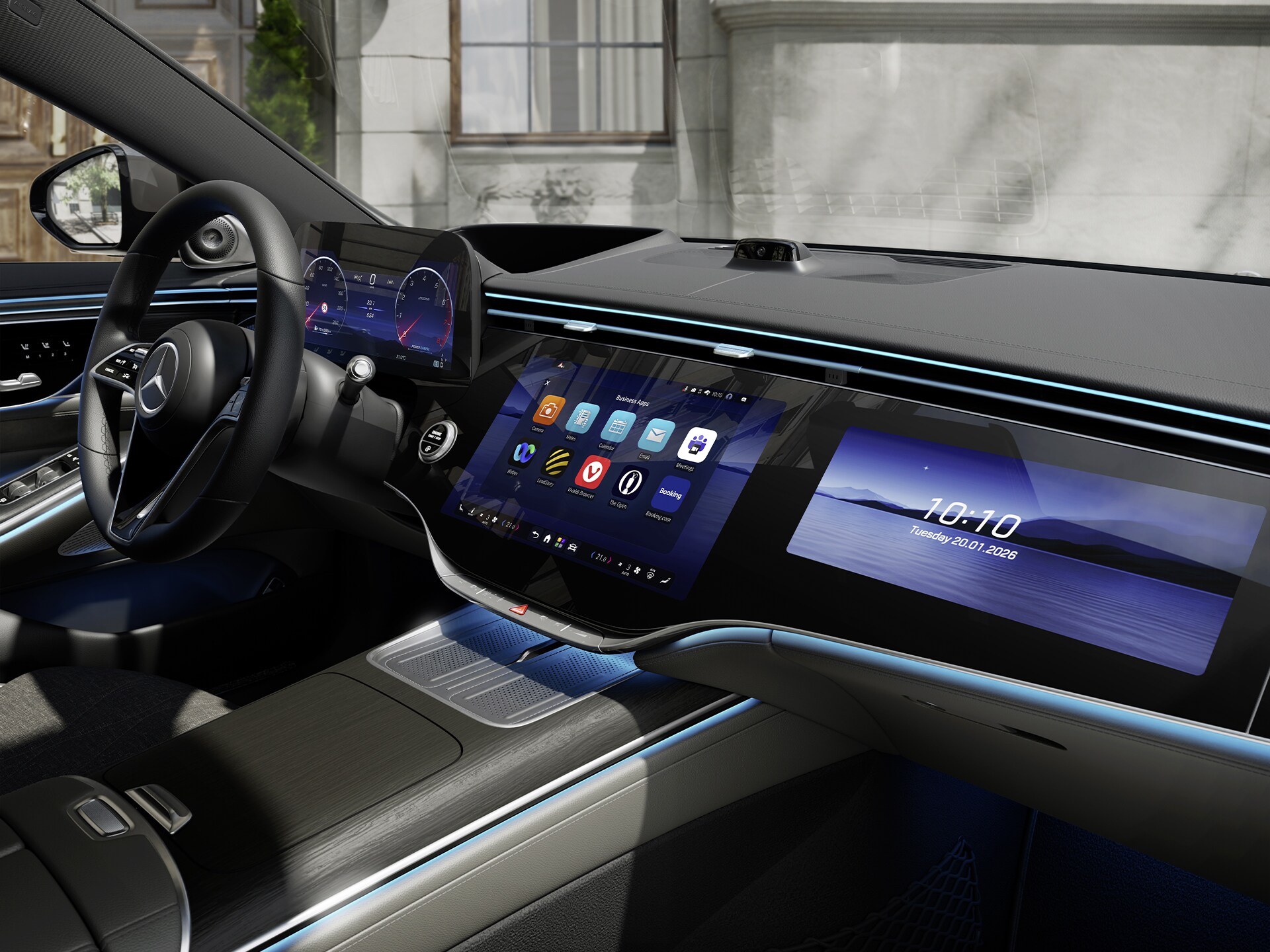 Der MBUX Superscreen im Cockpit der neuen Mercedes-Benz S-Klasse Limousine mit MB.OS von Mercedes-Benz.