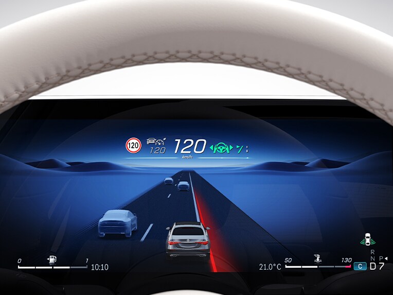 Un graphique à l'écran de l'assistant de franchissement de ligne actif dans la Mercedes-Benz Classe S Berline.
