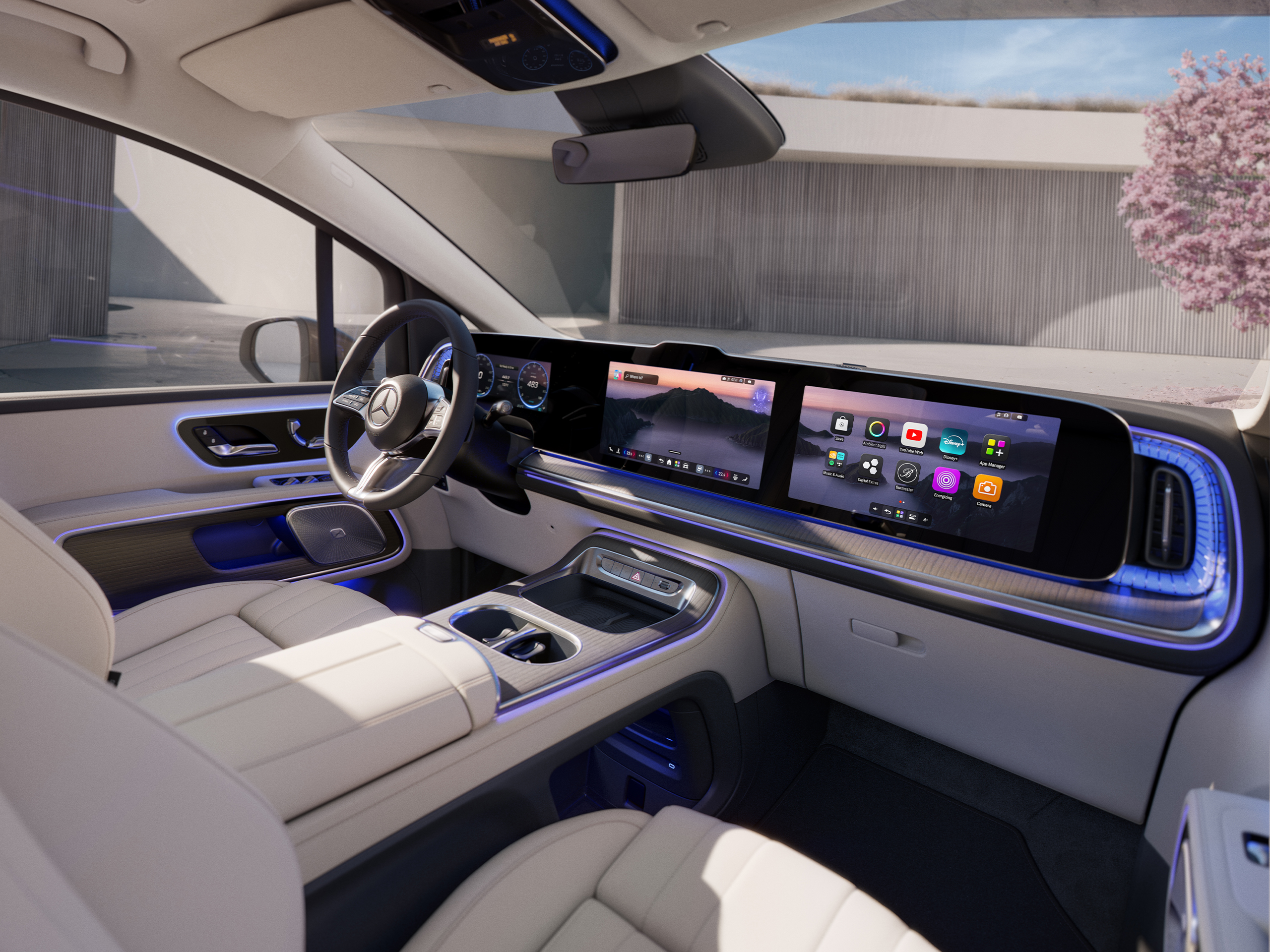 Cockpit | VLE | Mercedes-Benz Das stilvolle, von Möbeln inspirierte Cockpit mit drei Displays.