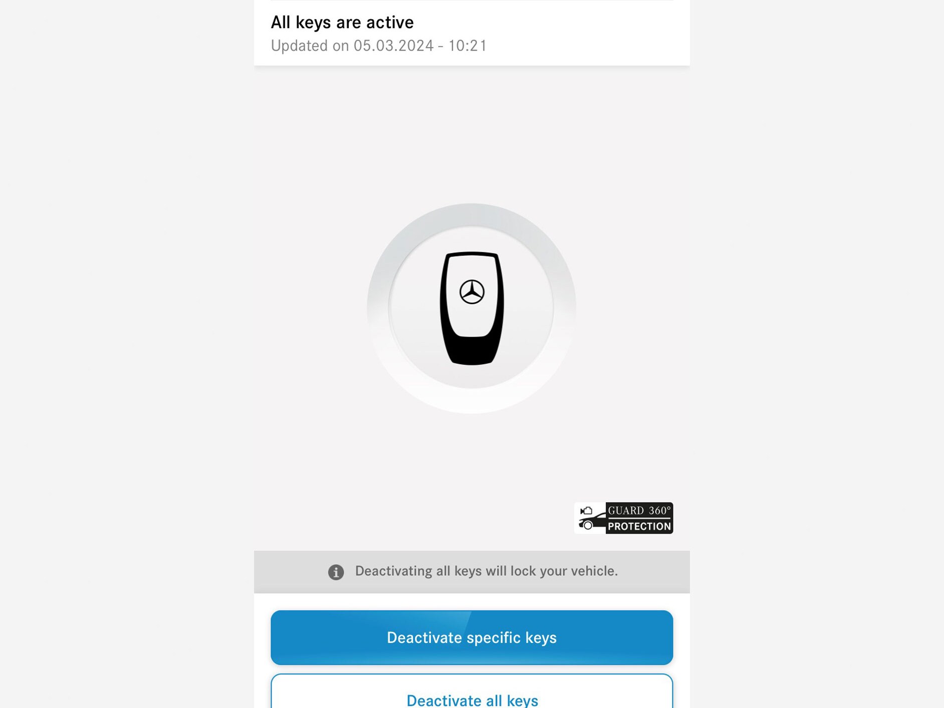 Sur un smartphone, le menu du service connecté Désactivation d’urgence des clés s’affiche ici.