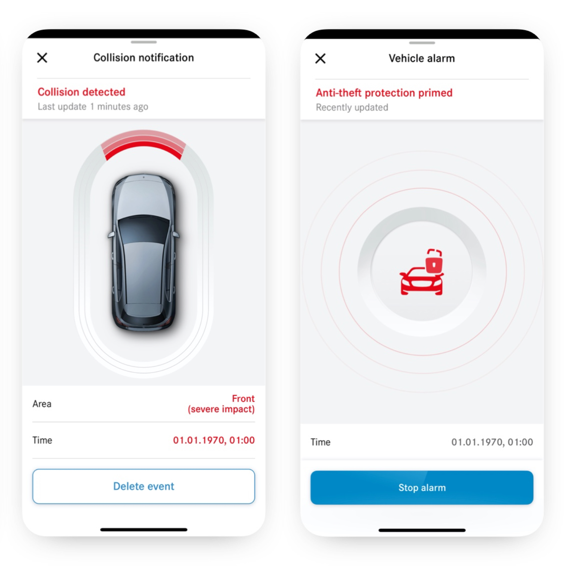 Notifica di furto e rilevamento collisioni | Servizi da remoto | Mercedes-Benz Su uno smartphone, il Digital Extras Notifica di furto e rilevamento collisioni indica se si è verificata una collisione.